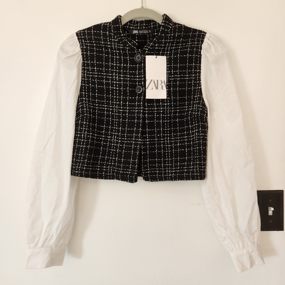 NWT Zara black and white tweed long-sleeved crop top Size M - Picture 1 of 4